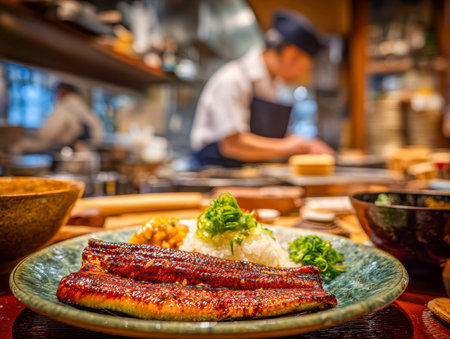 A beautifully arranged dish featuring glazed eel fillets atop fluffy steamed rice, accented by vibrant green herbs, presented on a rustic ceramic plate amid a livelyの写真素材