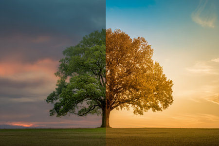 A solitary tree showcases striking transformation, with one half radiant in fall hues and the other lush in greenery beneath a brooding sky, illustrating nature?s shの写真素材
