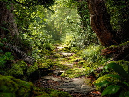 A tranquil woodland pathway wends through vibrant greenery, with soft moss blanketing the ground and majestic ancient trees creating a serene, timeless ambiance.の写真素材
