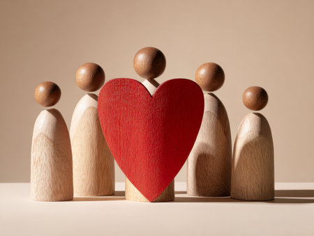An inviting display of handcrafted wooden figures encircle a central figure grasping a vibrant red heart, illustrating harmony, compassion, and shared warmth.の写真素材