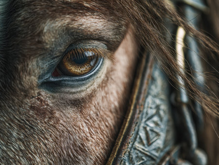 A tender gaze captured through a fine lens, highlighting the horse?s soulful eye and the intricate grain of its leather headgear under gentle, diffuse light.の写真素材