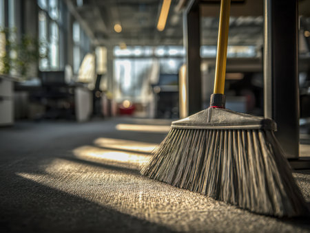 Sunlit office scene featuring a broom lying on plush carpeting, with gentle sunlight casting cozy shadows across a sleek, modern workspace.の写真素材