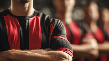 Confident athletes in matching red and black kits form a united front, arms crossed, embodying strength and determination ahead of a competitive match.の写真素材