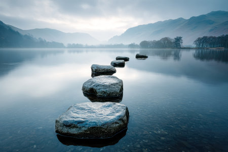 Gentle morning light reflects on a still lake as a pathway of stones guides the eye toward distant, hazy mountains beneath a moody, cloud-filled sky.の写真素材