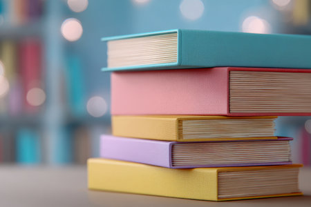 A cheerful assortment of books in soft hues, their tactile covers inviting touch, nestled on a surface with a warm, inviting glow creating a tranquil atmosphere.の写真素材
