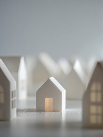 Delicate paper dwellings illuminated by gentle lighting, evoking tranquility in a carefully composed tiny village bathed in muted hues and blurred surroundingsの写真素材