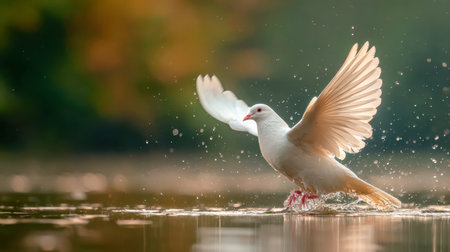 A pure white bird with outstretched wings descends gently onto a tranquil water surface, basked in warm sunlight amidst a softly blurred natural landscape.の写真素材