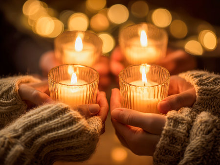Warmth and camaraderie emerge as four bundled hands unite, cradling flickering candles amid twinkling lights, evoking a cozy, joyful winter evening.の写真素材