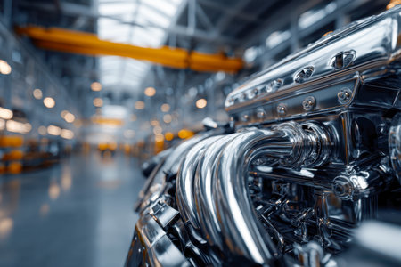 A gleaming high-performance engine with intricately crafted exhaust manifolds, set against a sleek industrial workspace illuminated by ambient lighting and machineryの写真素材