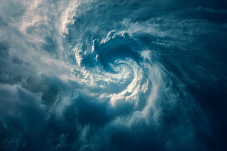 An intense aerial perspective captures turbulent skies converging into a fierce, rotating vortex above churning waters, illustrating nature?s formidable atmosphericの写真素材