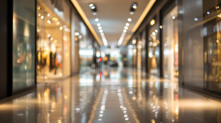 A sleek indoor walkway features polished flooring and soft, golden lighting that dances off shop windows, crafting an inviting and comfortable shopping environment.の写真素材