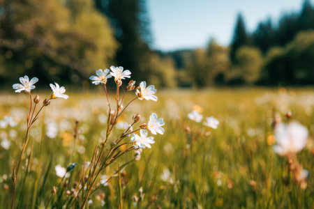 A gentle flock of white blossoms unfurls amidst vibrant greenery, bathed in warm sunlight with blurred trees and rolling hills providing serene depth.の写真素材