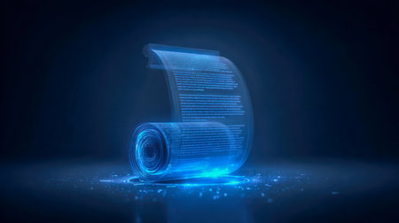 In a dim sci-fi setting, a luminous blue-hued digital manifest floats above a sleek, advanced platform, projecting vital data in glowing lines for futuristic insightの写真素材