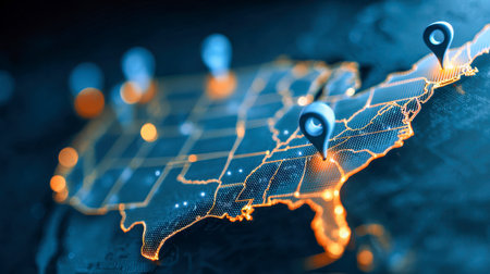 A vibrant digital map of the us showcases luminous boundaries and pinpoint markers, emphasizing key locations for dynamic data insights and route planning.の写真素材