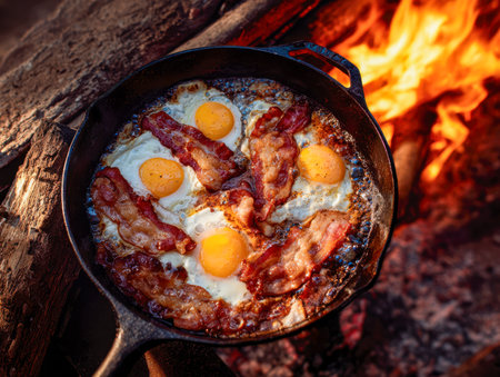 A cozy outdoor breakfast scene featuring a weathered skillet alight with crisp bacon and golden eggs, flames flickering softly against stacked logs in a tranquil forの写真素材