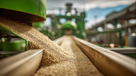 A dynamic scene of grains cascading along a sleek conveyor, set within a contemporary factory ambiance, with distant machinery softly blurred to emphasize flow and eの写真素材