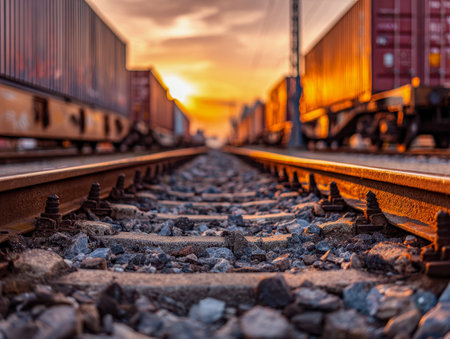 A warm sunset casts a golden hue over aligned rails and rugged gravel, highlighting industrial containers along the tracks from a dramatic low-angle viewpoint.の写真素材