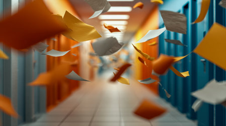 A burst of vivid paper sheets spirals energetically down a sunlit school hallway, accentuated by striking blue and orange lockers that evoke a spirited, lively atmosphereの写真素材