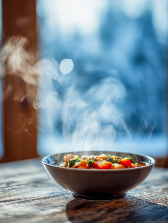 A cozy, inviting scene featuring a steaming bowl filled with vibrant, fresh vegetables set on a weathered wooden surface, with a wintery blur outside the window creaの写真素材