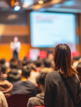 A focused attendee absorbs insights during a seminar, seated among a vast audience in a sleek, contemporary auditorium filled with soft lighting and modern architectの写真素材
