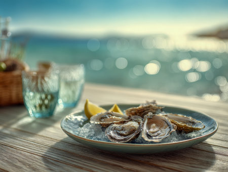 Juicy oysters nestled in melting ice, accented by bright lemon slices, set against a seaside backdrop with weathered wood and shimmering drinkware under gentle sunliの写真素材