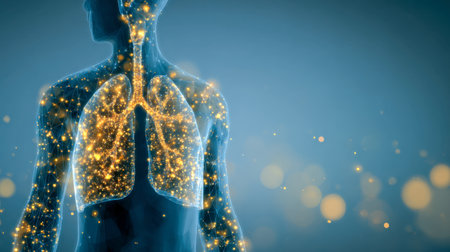 A vibrant digital rendering showing the intricate pathways of breathing, with luminous particles illustrating airflow and lung activity within the chest cavity.の写真素材