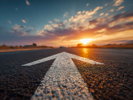 A bold arrow guides the way along a sunlit highway, as vivid colors ignite the sky in a partly cloudy evening, symbolizing progress and new horizons.の写真素材