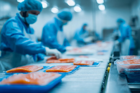 Focused workers in protective gear carefully handle and package vibrant salmon fillets on a busy assembly line within a seafood processing facility.の写真素材