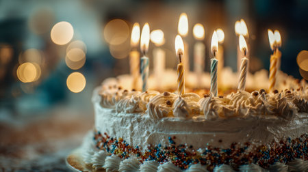 A joyful celebration scene featuring a layered cake topped with glowing candles and vibrant sprinkles, bathed in cozy, golden lighting for memorable festivities.の写真素材