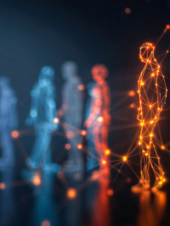 Dynamic luminous silhouettes interconnected by vibrant circuits depict a high-tech web of communication and information exchange in a visionary digital landscape.の写真素材