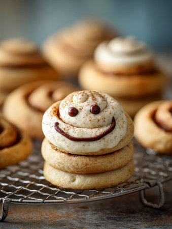 Warm, glazed pastries adorned with a playful face sit atop a wire rack, inviting comfort and cheerfulness in a charming kitchen scene.の写真素材
