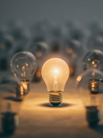 Amid a sea of dormant bulbs, one bright filament radiates a comforting amber hue, embodying the spark of originality in a shadowed environment.の写真素材