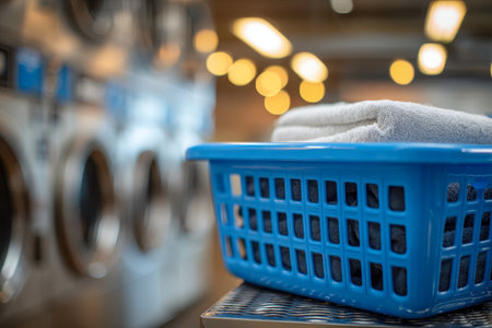 A vibrant blue hamper brimming with neatly stacked towels sits amidst sleek washing machines under cozy, ambient lighting in a contemporary laundry space.の写真素材