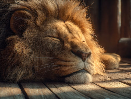 A regal lion lies calmly on wooden planks, bathed in soft, golden rays that highlight its intricate mane and tranquil gaze, exuding serenity and noble grace.の写真素材