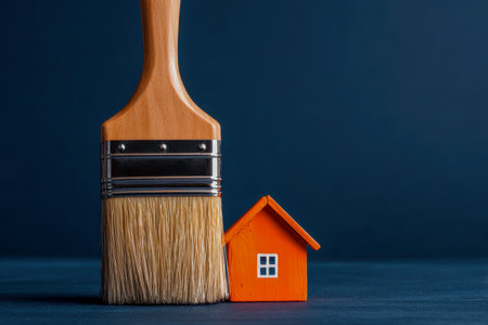 A commanding paintbrush towers beside a miniature orange wooden dwelling, set against a deep blue backdrop, evoking ideas of transformation and restoration.の写真素材