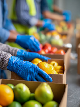 Compassionate helpers in safety gear carefully arrange vibrant citrus, crisp apples, and ripe tomatoes into boxes, supporting local hunger relief initiatives.の写真素材