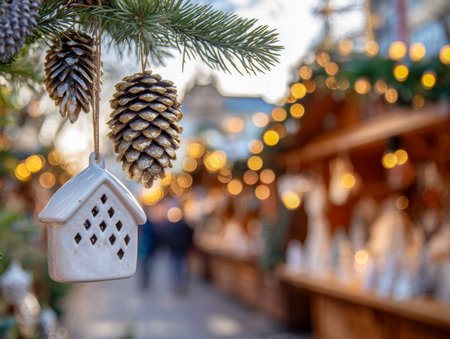 Cozy holiday decor features a charming ceramic cottage and natural pine cones suspended from lush evergreen boughs, illuminated by gentle market lights creating a waの写真素材