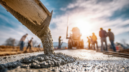A team of workers spreads and guides molten concrete onto a foundation under a clear, sunlit sky, capturing the energy and progress of a developing structure.の写真素材