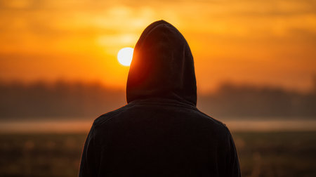 A solitary figure shrouded in a hoodie contemplates the horizon as a fiery twilight bathes the tranquil scenery in soothing amber tones.の写真素材