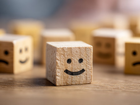Colorful wooden cubes featuring diverse expressive faces convey unique moods, celebrating emotional richness and personal authenticity amid a softly focused backdropの写真素材