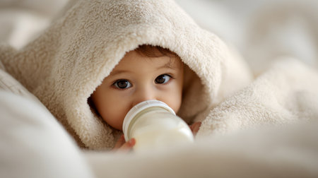 A gentle scene unfolds of a tiny newborn snuggled in a plush blanket, gazing with wide, curious eyes while quietly enjoying a feeding in a cozy home ambiance.の写真素材