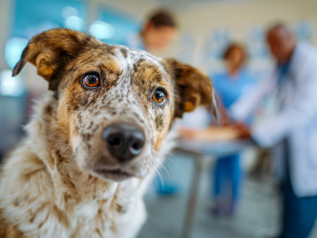 A anxious-looking mixed breed dog sits patiently in the waiting area as veterinarians discuss in the background, emphasizing care and concern during a routine checkuの写真素材
