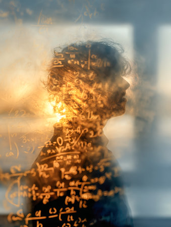 A contemplative individual with curly hair gazes inward as luminous mathematical formulas cascade over their shadowed profile, illuminated by warm indoor sunset huesの写真素材