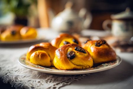 Warm, golden saffron buns studded with raisins rest on an ornate plate, complementing a delicate lace cloth in a charming rustic kitchen ambiance.の写真素材