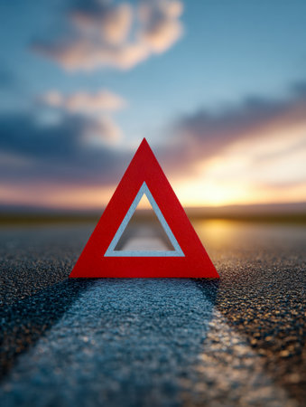 A vivid crimson warning marker stands on a paved surface beneath a captivating sunset sky, casting a gentle reflection amid wispy clouds and warm, fading light.の写真素材