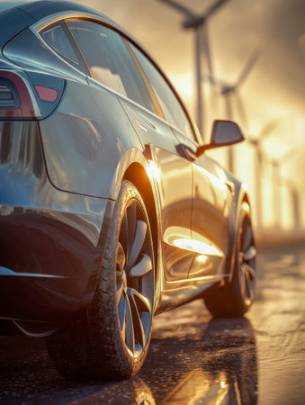 A sleek electric car rests on glossy, rain-soaked pavement as amber sunlight glints off its surface, with colossal wind turbines looming in the background, symboliziの写真素材