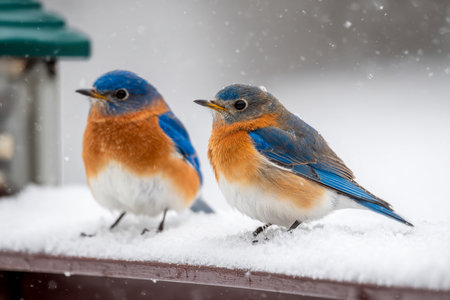 Vibrant eastern bluebirds sit quietly on a snow-dusted wooden plank, surrounded by soft winter light and a peaceful, frost-kissed landscape that exudes warmth and seの写真素材