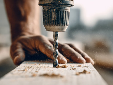 A master craftsman expertly guides an electric drill into a wooden plank, focused on meticulous craftsmanship amid a busy workshop filled with tools and wood shavingの写真素材
