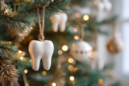 A festive pine decorated with whimsical dental charms, warmly illuminated by gentle twinkling lights, evoking a cheerful and cozy holiday spirit.の写真素材