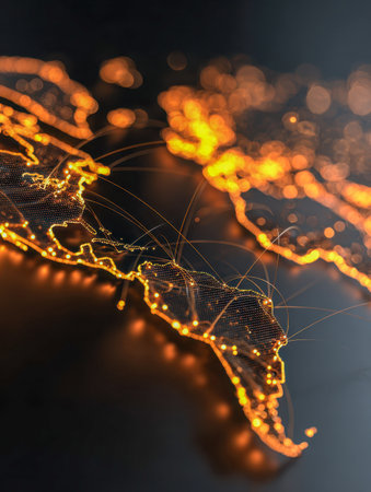 A luminous schematic of a worldwide information grid, revealing connected urban hubs and dynamic data routes across regions in a sleek, advanced visualization style.の写真素材